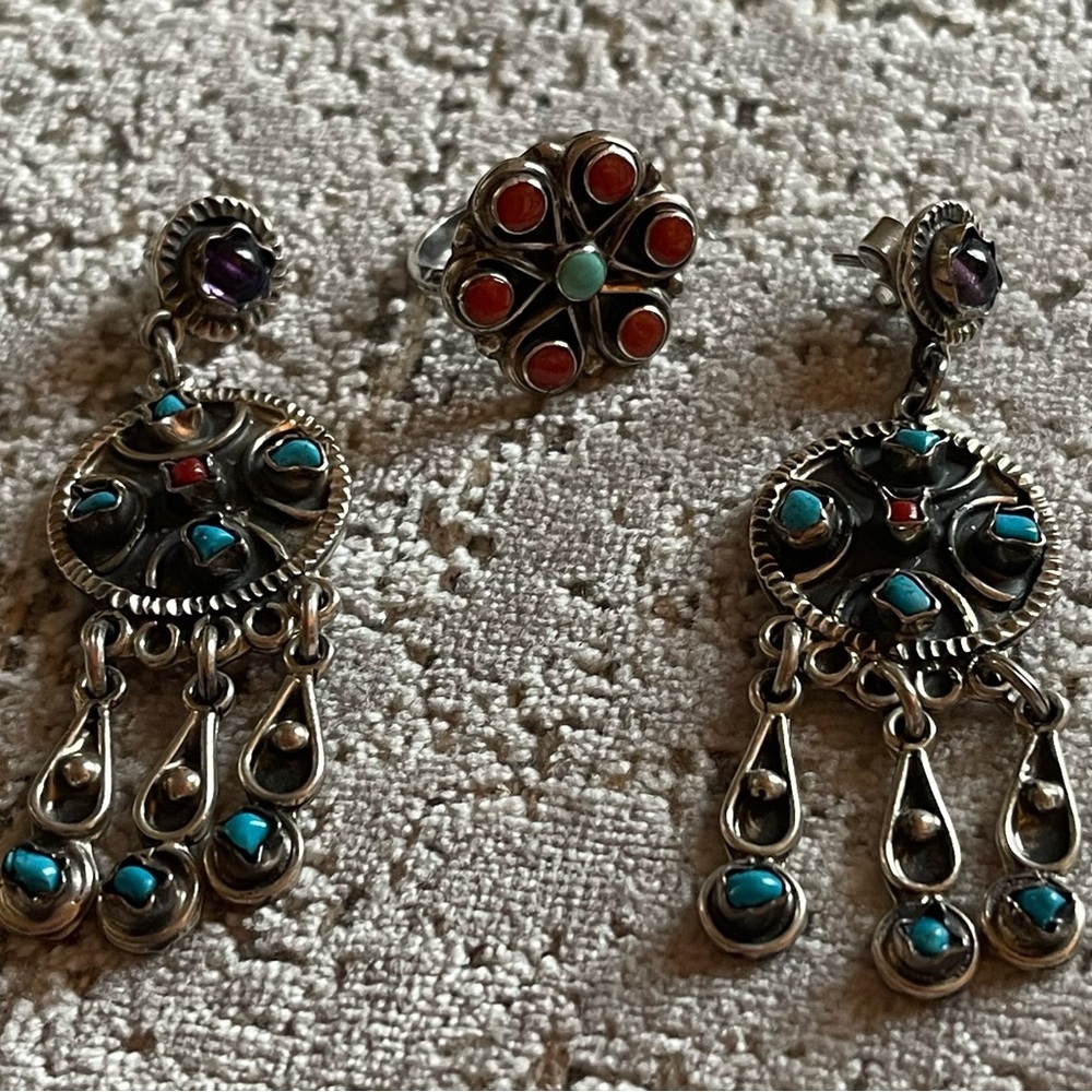 Turquoise & Coral Earrings and Ring - Sterling Silver